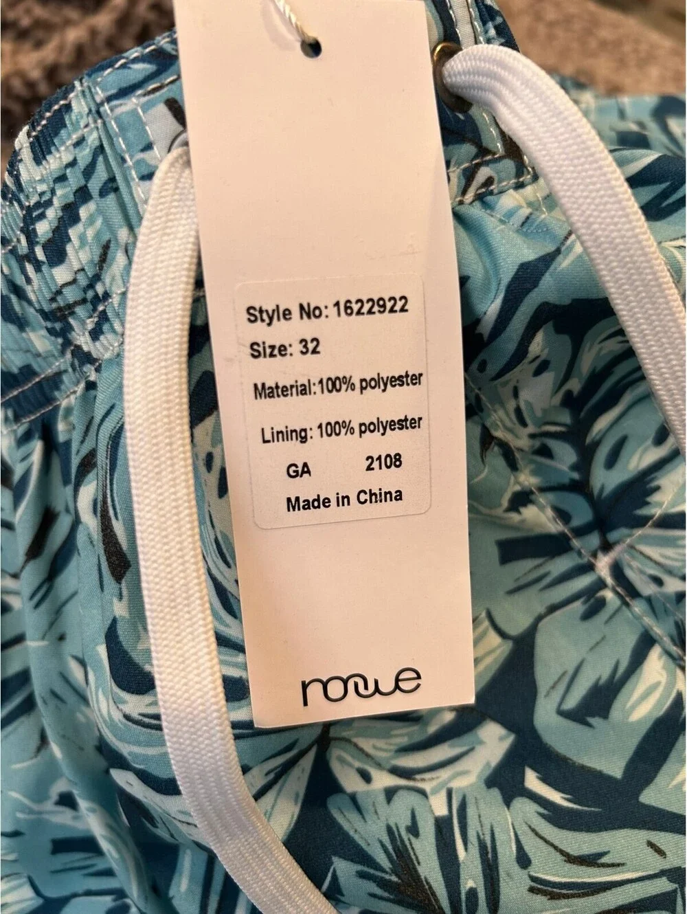 Men's Blue Tropical Leaf Print Swim Trunks with Mesh Lining Size 32